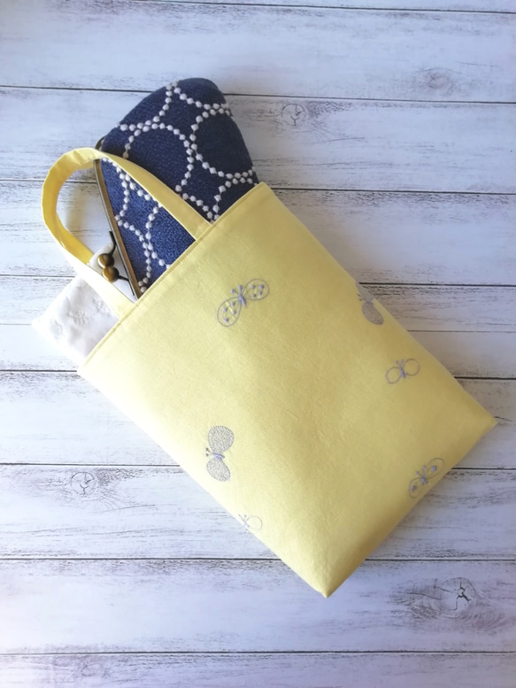 SALE★ミナペルホネンchoucho刺繍生地リネンのシンプルミニバッグ/yellow 7枚目の画像