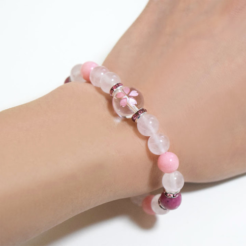 桜 彫刻 ブレスレット 天然石 さくら サクラ ピンク ローズクォーツ