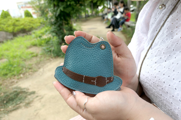 真皮皮革錢夾配帽子設計/ myhat -turquoiseblue- 第3張的照片
