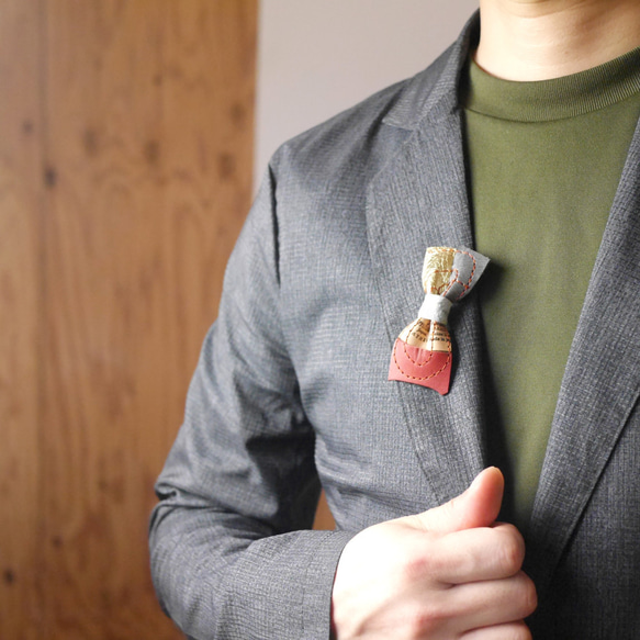 【送料無料】本革の端切れからできたリボンブローチ / Re:born (３個１セット-019-) 3枚目の画像