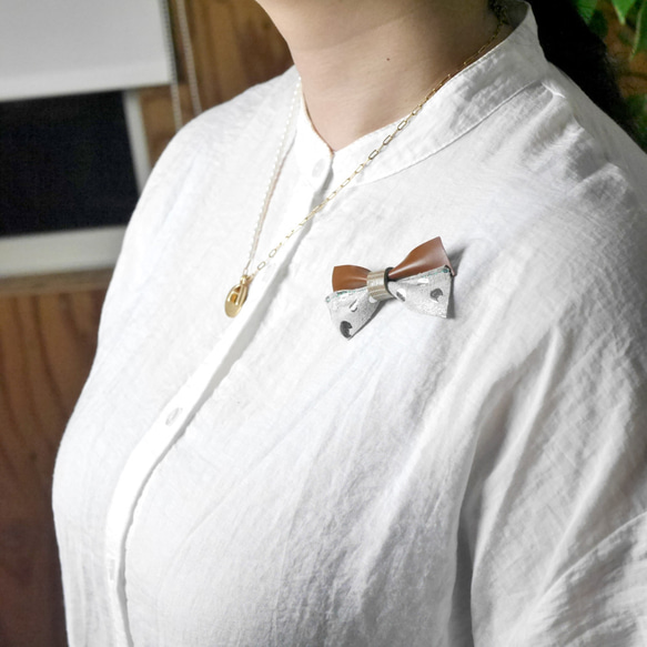 【送料無料】本革の端切れからできたリボンブローチ / Re:born (３個１セット-042-) 9枚目の画像