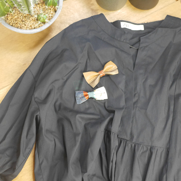 【送料無料】本革の端切れからできたリボンブローチ / Re:born (ランダム３個１セット-ダーク系/シンプル系-) 9枚目の画像