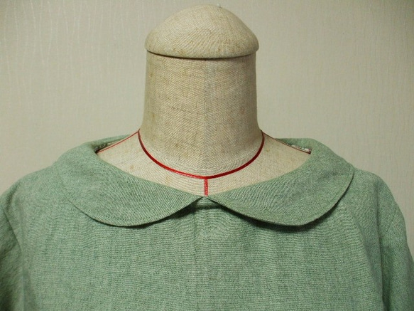 綿麻素材丸衿７分丈袖のワンピース Lサイズ 薄いグリーン色 リバティタナローンナンシーアン 受注生産 2枚目の画像