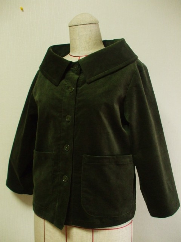 コーデュロイ素材  大きなショールカラーのジャケット(裏地無し)８～９分丈袖　Ｍ～Ｌサイズ カーキ色 3枚目の画像