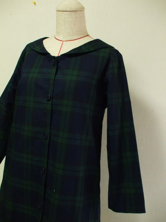 【セール品】セーラー衿 長袖コート(裏地無し)　M~Lサイズ 紺×グリーンチェック柄 3枚目の画像