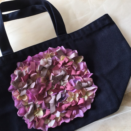 BLACK DENIMお花とリボンのトートバッグ デニム ラインストーン