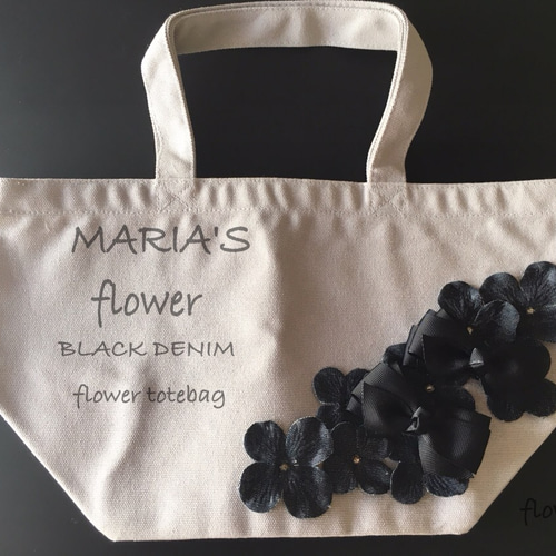 贈る結婚祝い BLACK DENIMお花とリボンのトートバッグ デニム ラインストーン Tote Bag
