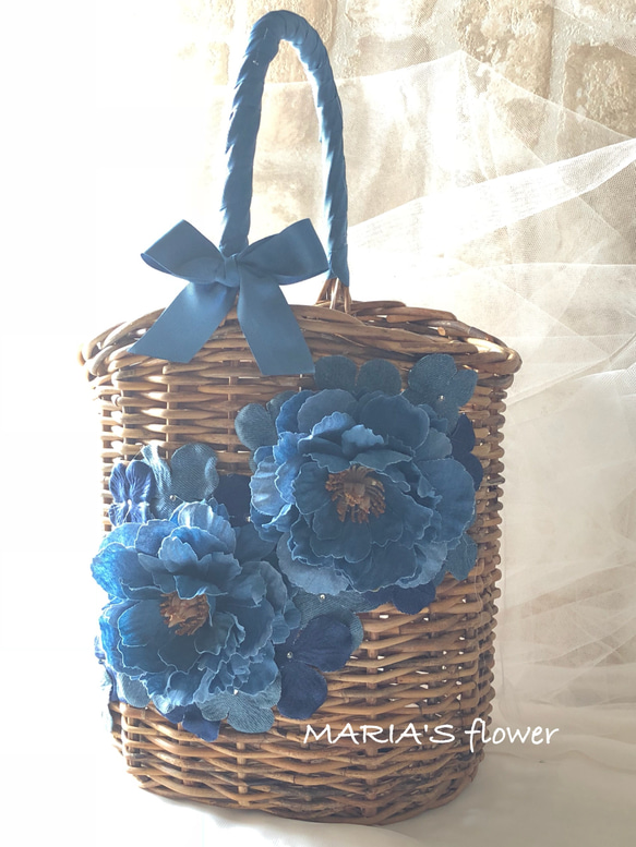 ラタンカゴバッグ デニムフラワー ワンハンドル リボン 花雑貨  