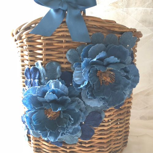 ラタンカゴバッグ デニムフラワー ワンハンドル リボン 花雑貨  