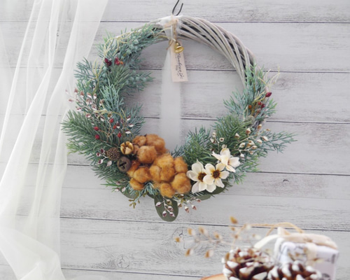 30㎝ ドライアンドラとコットンの大人ブラウンクリスマスリース