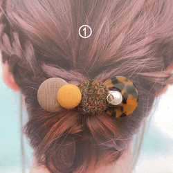 ボタンバレッタ　ヘアアクセサリー　秋冬　ハリスツイード　　ベージュ　べっ甲 2枚目の画像