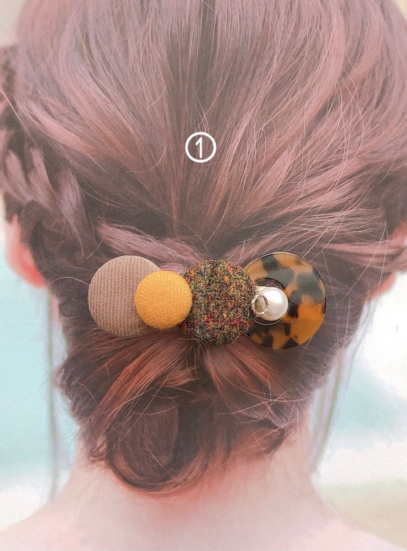 ボタンバレッタ　ヘアアクセサリー　秋冬　ハリスツイード　　ベージュ　べっ甲 2枚目の画像