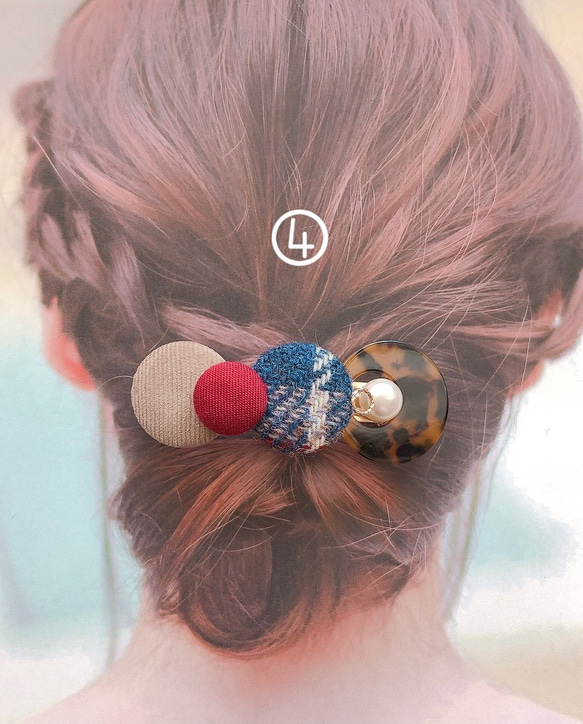 ボタンバレッタ　ヘアアクセサリー　秋冬　ハリスツイード　　ベージュ　べっ甲 5枚目の画像