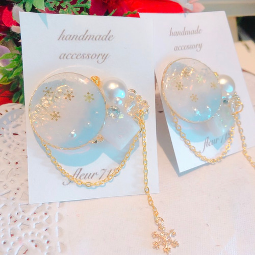 再販 雪の結晶 ブルー ホワイト クリスマス パール 冬 ポニーフック 