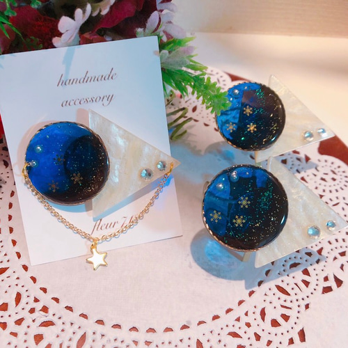 夜空 宇宙 ヘアカフ ポニーフック ブルー 雪の結晶 ヘアアクセサリー 