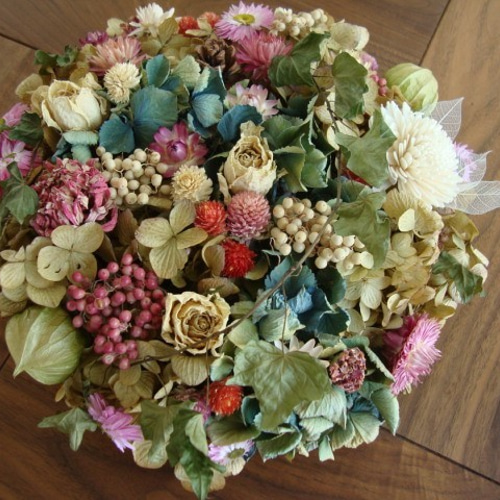 ラウンド型ドライフラワーリース☆あじさいとピンクのお花たっぷりの  