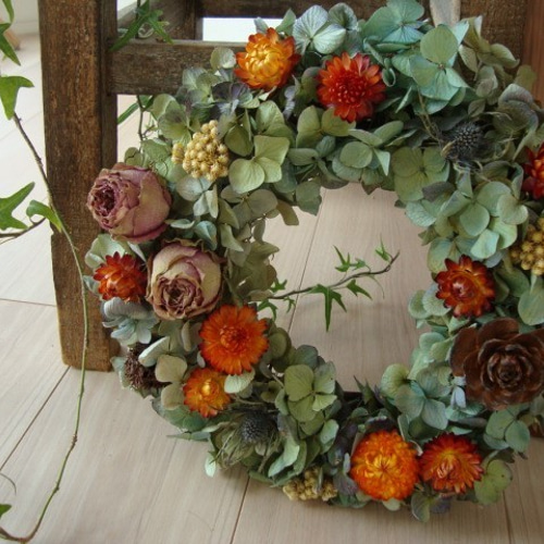 秋色あじさい紫陽花の秋のドライフラワーリース☆敬老の日・お祝い  
