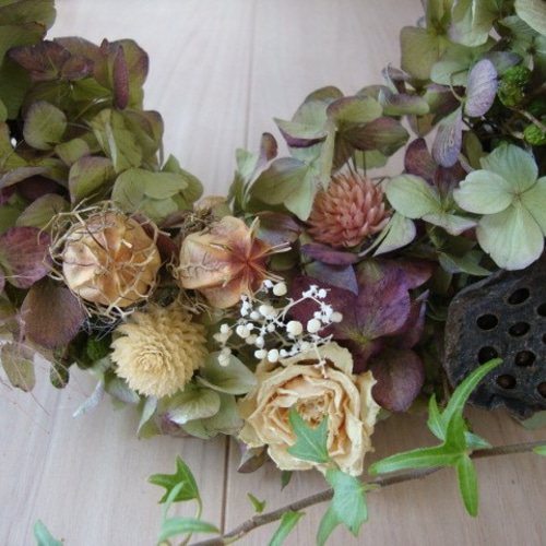 再販☆あじさい紫陽花と小花のクリスマスリース②☆お礼・お祝い☆冬の