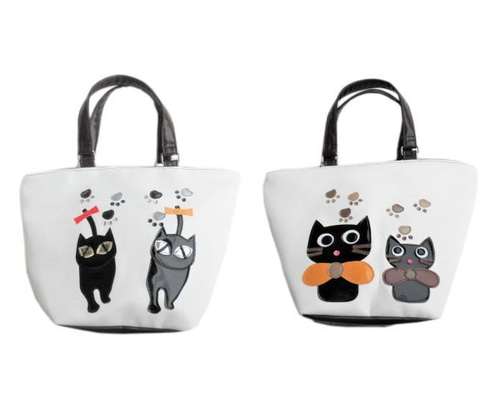 猫柄トートバッグ 小さめ ファスナー付き 合皮 黒猫グッズ 猫