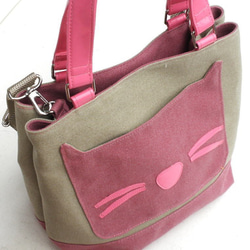 【送料無料】ショルダーバッグ ２way  キャンパス 猫柄 ピンク トートバッグ 猫 グッズ 雑貨 かわいい 3枚目の画像