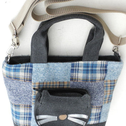 【送料無料】ショルダーバッグ ミニ ２way  布 猫柄 ブルー トートバッグ 猫 グッズ 雑貨 かわいい 1枚目の画像