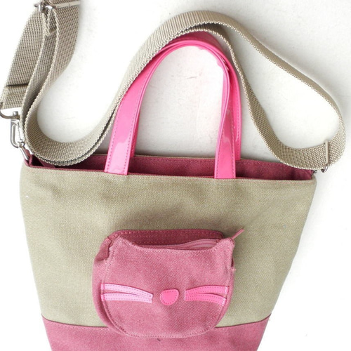 送料無料】ショルダーバッグ ミニ 2way キャンパス 猫柄 ピンク  