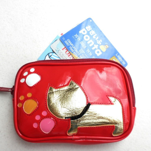 猫柄 ポーチ 小物入れ カードケース 小銭入れ エナメル レッド