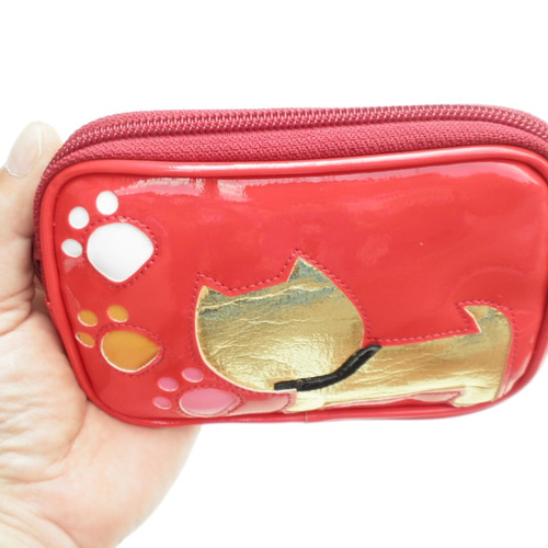 猫柄 ポーチ 小物入れ カードケース 小銭入れ エナメル レッド