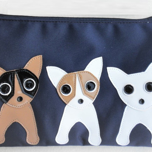 ポーチ マチなし 犬柄 チワワ ネイビー マルチケース 小物入れ 化粧  