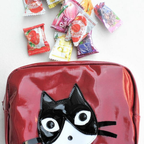 ハチワレ猫のポーチ レッド 猫 雑貨 グッズ 柄 モチーフ 好き