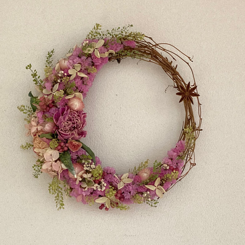 〜❇︎〜春の庭三日月リース　ドライフラワーリース〜❇︎〜 三日月リース プリザーブドフラワー ドライフラワー 玄関リース