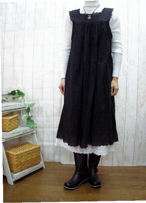 【M～２L/３L～５L/選べる２サイズ】黒花柄 【レースインナーキャミワンピ－ス】ロング丈　日本製　プチオーダーもOK！