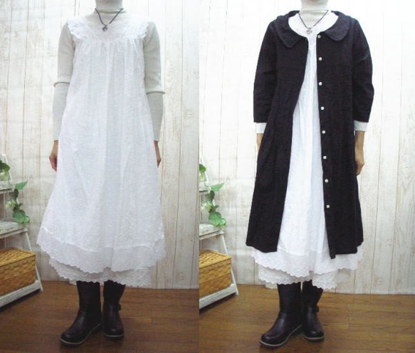 [M-2L/3L-5L/2種尺寸可供選擇] 白色花卉圖案蕾絲內搭吊帶洋裝/長款 日本製造 也接受少量訂單！ 第1張的照片