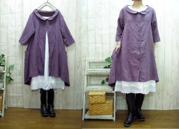 【選べるM～５L、2サイズ】柔らかWガーゼ　丸襟前開きワンピース　【パープル】プチオーダーもOK!