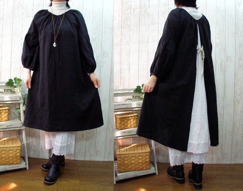 【M～５L、2サイズから】ぷっくり袖　柔らかWガーゼ黒　白花レース切り替ワンピ　　プチオーダーOK