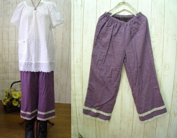 【股下50と60センチ・M～５Lの２サイズから】とっても柔らかいWガーゼのピンタックパンツ パープル　カスタムオーダー