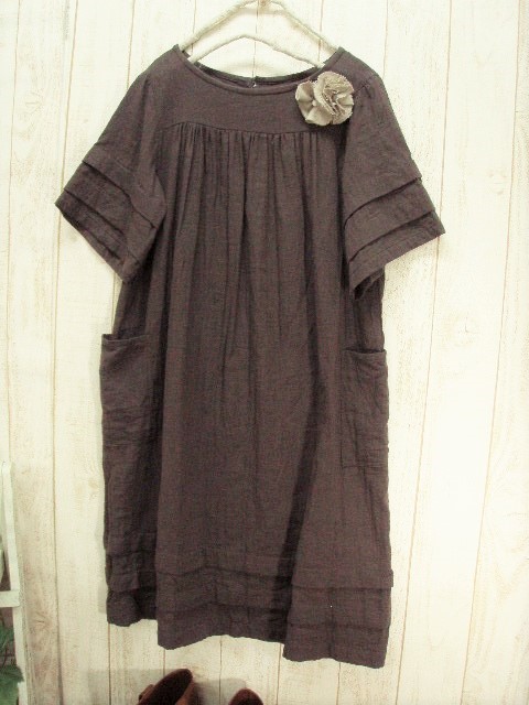 【M～５L/選べる4サイズ】　Ｗガーゼタック・ワンピース　チョコ茶　　プチオーダー可