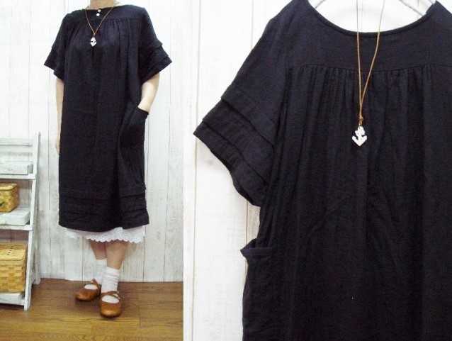 【選べる４サイズ展開/M～５L】前後OK!柔らか着心地の良いＷガーゼタック・ワンピース　黒　【プチオーダーもOK】
