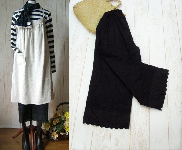 【M～５L/選べるサイズ】幅広レースのピンタックペチコートパンツ黒・プチオーダーもOK！