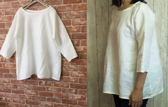 100% 白色亞麻 A 線 四分之三袖 dolman T 襯衫 M-6L 尺寸 請從 4 種尺寸中選擇 小訂單是可能的！ 第1張的照片