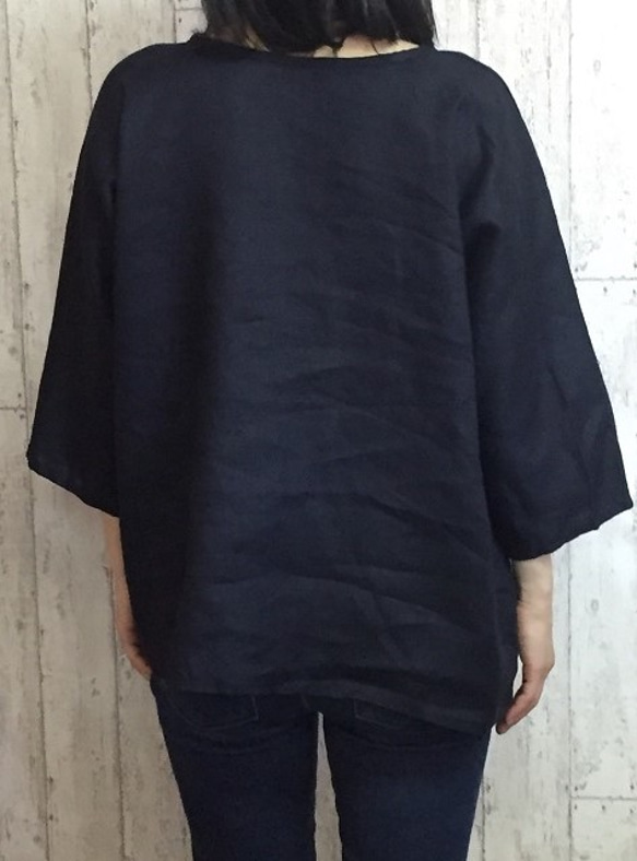 海軍藍色亞麻 100% A 線寬鬆蝙蝠四分之三袖 T 襯衫 M-6L 尺寸 Petit 可以從 4 尺寸訂購！ 第4張的照片