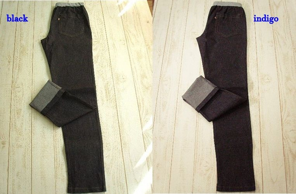 [尺寸 S 至 5L] 彈性緊身 [靛藍色/黑色] 皺褶牛仔布 6 種尺寸可供選擇 第5張的照片
