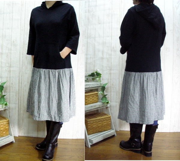 【選べる２サイズ/Ｍ～２L /３L～５】黒スウェット×黒白千鳥　パーカーチュニックワンピース♪ プチオーダーもOK