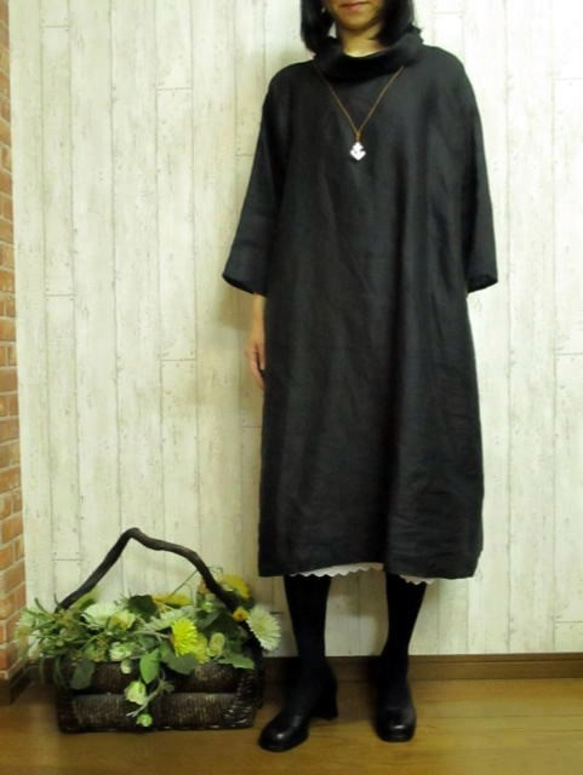 [M - 6L] 4 個尺寸可選 [6 種顏色的亞麻布] 寬鬆海龜連身裙，禮儀場合，正式，日本製造，小訂單 第6張的照片