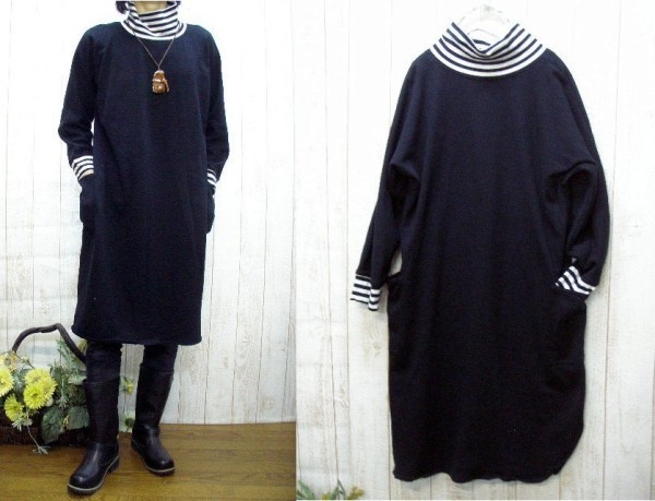 【M～2L】【３L～５L】２サイズ　黒スウェットとボーダータートルのワンピース　日本製　プチオーダーもOK