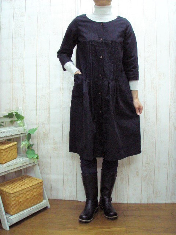 100％亞麻別針褶皺大衣連衣裙黑色，生成M〜2L，3L〜5L尺寸半訂單 第1張的照片