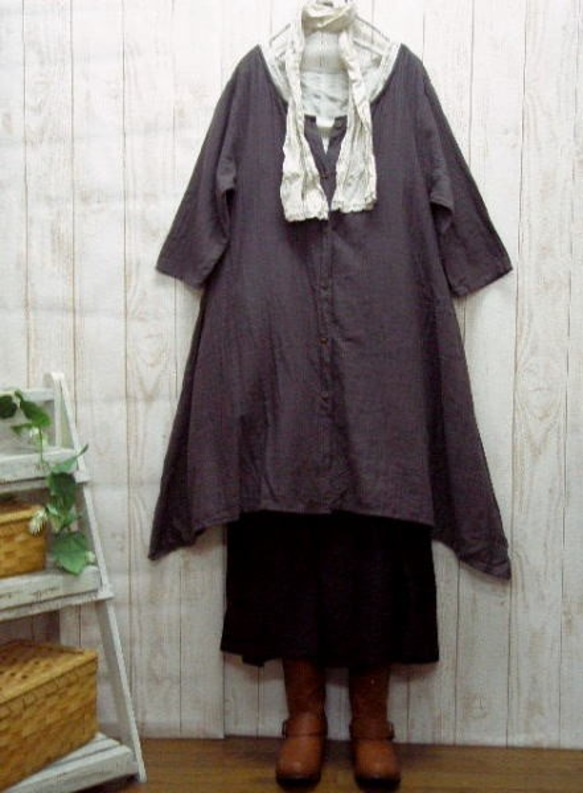 [多種尺寸可供選擇]柔軟的W薄紗前開口連衣裙巧克力棕色M-5L Made in Japan小訂單也可以 第3張的照片