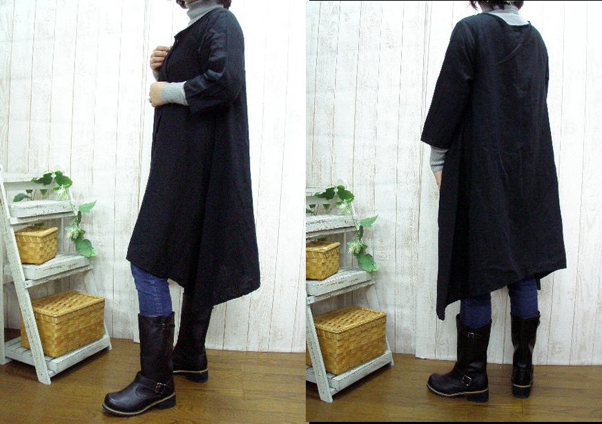 【選べる２サイズ/M～５L】　羽織りにも　柔らかWガーゼ　【２wayの前開きワンピース　黒】プチオーダーもOK