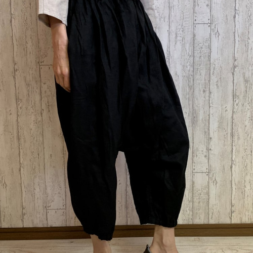 M～2L,3L～5L】大人のリネンサルエルパンツ ゆったりロング丈 黒 麻