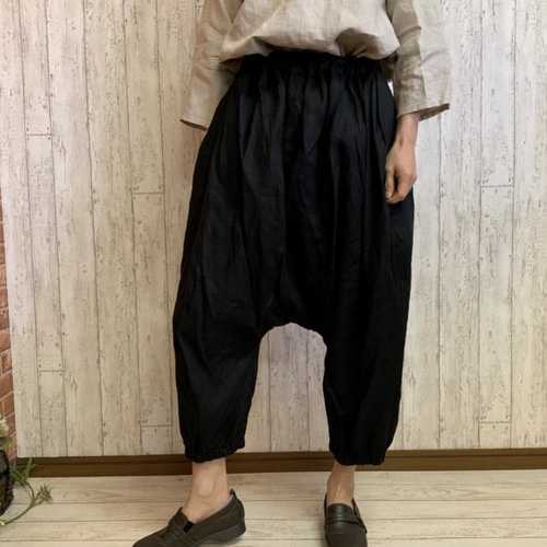 M～2L,3L～5L】大人のリネンサルエルパンツ ゆったりロング丈 黒 麻